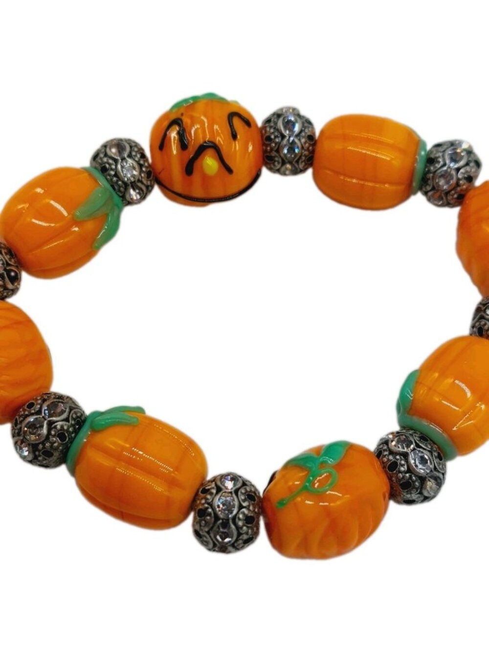 Halloween Glass Metal Beaded Bracelet Pumpkin Hack O Lantern Stretch